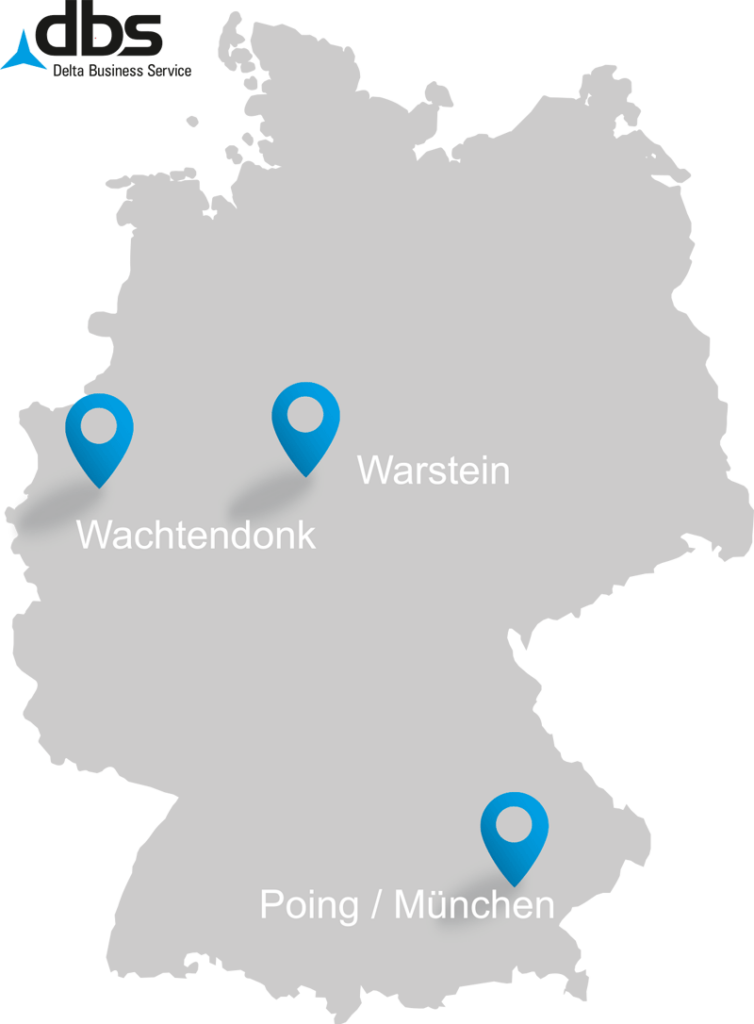 Deutschlandkarte mit Standorten der dbs Delta Service Business GmbH in Warstein, Wachtendonk und Poing bei München.