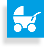 Kinderwagen im blauen Quadrat – Icon für familienfreundliches Unternehmen.